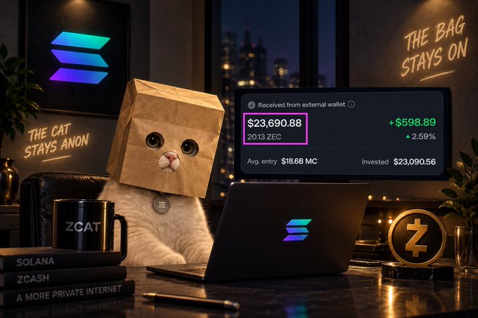 A humorous image of a cat wearing a paper bag on its head sitting at a desk with a laptop, alongside a screen showing '$23,690.88' received from an external wallet, a Solana coin, a ZCASH mug, and books labeled 'SOLANA' and 'ZCASH' with the phrase 'THE CAT STAYS ON' and 'THE BAG STAYS ON'.