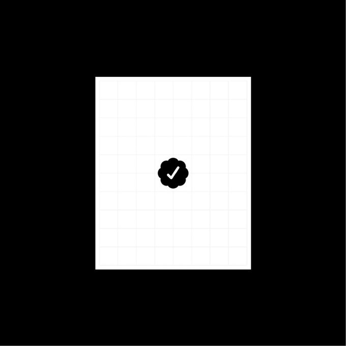 A minimalist graphic showing a black checkmark icon in a scalloped/badge shape centered on a white grid paper square against a black background.