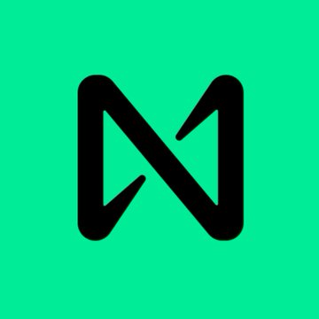 A stylized black letter 'N' logo is displayed on a bright green square background.