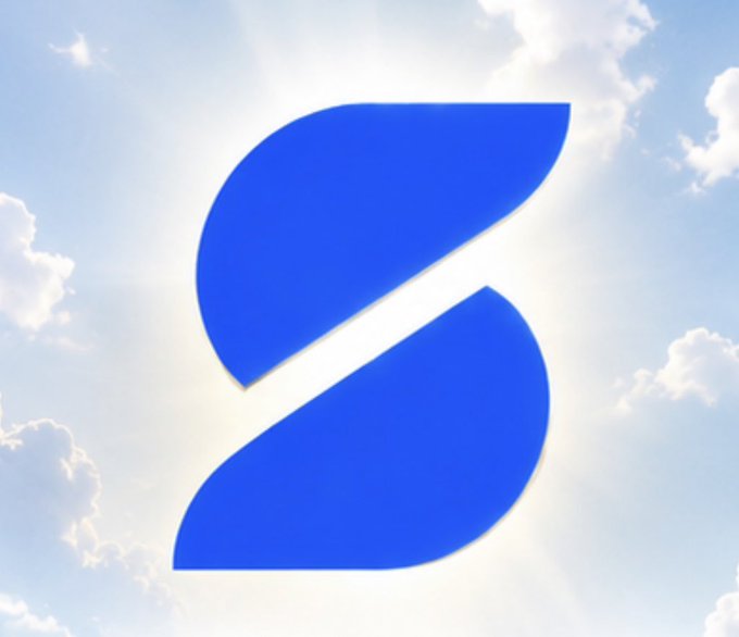 The Sui blockchain logo, a stylized blue 'S'-shaped design, set against a bright cloudy sky background.