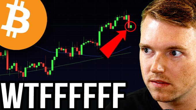 A YouTube thumbnail featuring a man next to a Bitcoin price chart, with text reading "WTFFFFFF" and a red arrow highlighting a recent price spike, illustrating a short squeeze.
