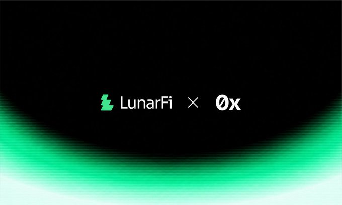 A promotional graphic showing 'LunarFi × 0x' logos on a black background with a green glow.