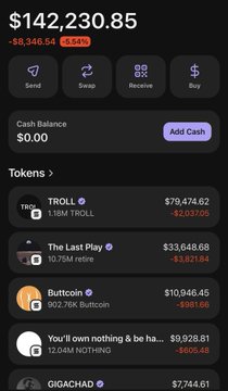 The image shows a phone screen displaying various cryptocurrency transactions and balances for different cryptocurrencies, including Bitcoin. The text on the screen reads "Never running from the grind, only embracing it. Better days are coming. $Troll $Buttcoin $Nothing $GIGA $Retire". This post seems to be discussing the current state of the cryptocurrency market or a specific transaction involving Bitcoin.