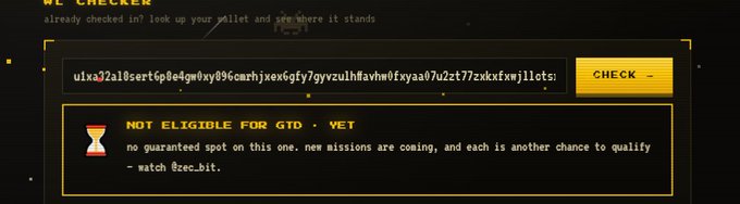 A screenshot of a wallet checker interface displaying a long alphanumeric string, with a 'CHECK' button and a warning message stating 'NOT ELIGIBLE FOR GTO + VET' along with instructions to 'watch @zec.bit'.