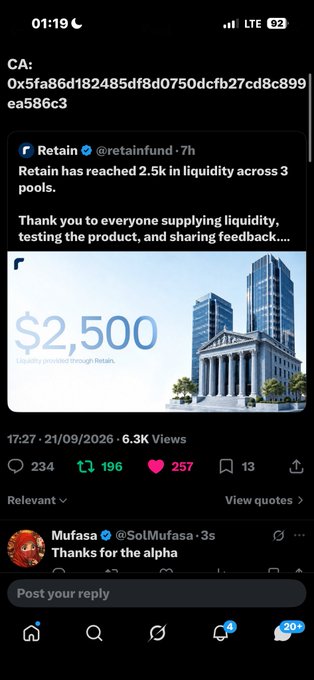 A Twitter/X screenshot showing a contract address beginning with 0x5fa86d and a post from Retain (@retainfund) celebrating reaching 2.5k in liquidity across 3 pools with a '$2,500' graphic.