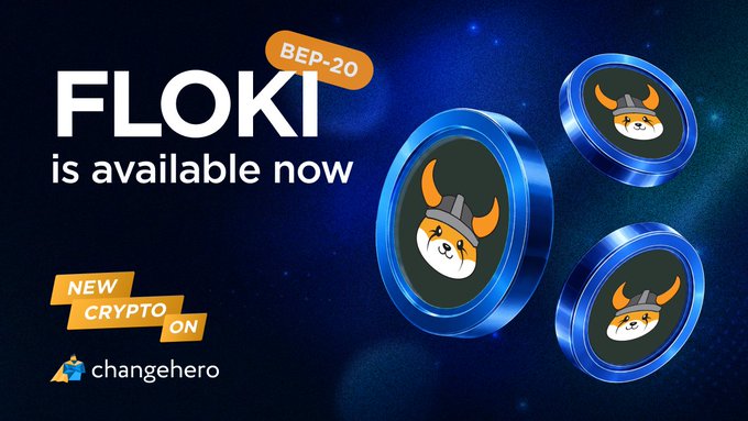 The promotional image announces "FLOKI is available now" with a "BEP-20" tag, featuring blue coin graphics with the Shiba Inu mascot wearing a Viking helmet, alongside "NEW CRYPTO ON changehero" branding—visually supporting the post's announcement that $FLOKI is now live for swapping on both ERC-20 and BEP-20 networks via ChangeHero.