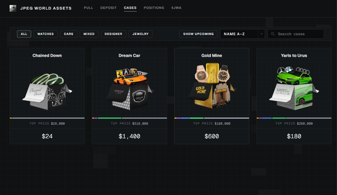 Screenshot of the JPEG World Assets website displaying mystery cases including 'Chained Down' ($24, $28,000 top prize), 'Dream Car' ($1,400, $515,000), 'Gold Mine' ($600, $100,000), and 'Yaris to Urus' ($180, $200,000).