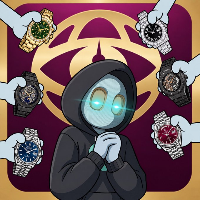 The artwork depicts a hooded, glowing-eyed cartoon figure with hands clasped in front of a gold logo on a maroon background, surrounded by six hands offering luxury watches including Rolex, Audemars Piguet, and other high-end timepieces—illustrating the watch prizes available to win on the @watchdotfun platform mentioned in the post.
