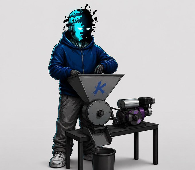 A stylized digital illustration shows a hooded figure with a glowing blue face dissolving into dark ink particles, operating an industrial grinder machine mounted on a black table.