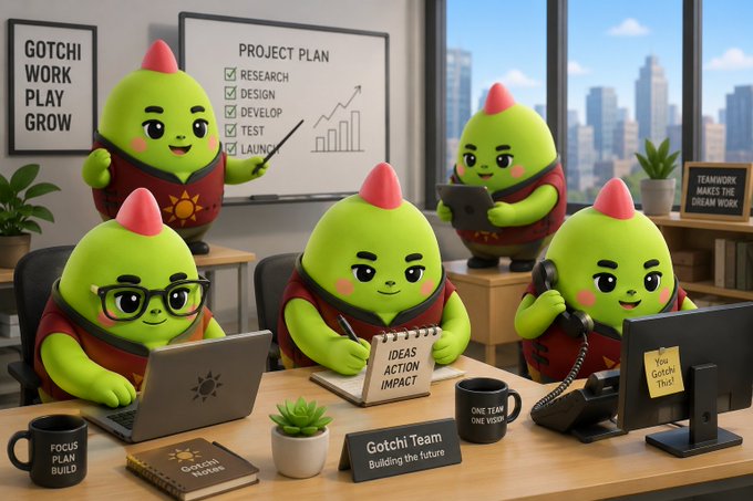 A digital illustration of a green cartoon character team called 'Gotchi Team' in an office setting, with signs reading 'GOTCHI WORK PLAY GROW' and a project plan whiteboard showing Research, Design, Develop, Test, and Launch checked off.