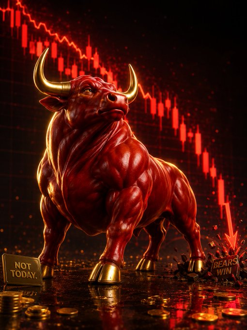 A digital artwork of a muscular red bull with golden horns standing on a platform with a red candlestick chart in the background, with signs reading 'NOT TODAY.' and 'BEARS WIN'.