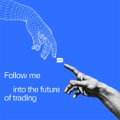 A blue advertisement image showing a hand drawing with a digital pen, featuring the text 'Follow me into the future of tracking'.