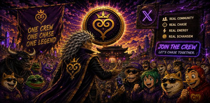 A promotional graphic featuring a purple and gold themed illustration with a crowned figure, banners reading 'ONE CREW ONE CHASE ONE LEGEND,' and a 'JOIN THE CREW, LET'S CHASE TOGETHER' button highlighting 'REAL COMMUNITY, REAL CHASE, REAL ENERGY, REAL SCHANSEM.'