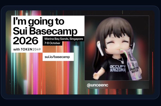 The image is a personalized event card announcing attendance at "Sui Basecamp 2026," held at Marina Bay Sands, Singapore on 7-8 October alongside TOKEN2049, with the URL "sui.io/basecamp" displayed. It features an anime-style character wearing a black "Occupy Arizona" t-shirt and holding a "Sparkling Water" bottle, branded with "@unceenc"—matching the post's custom card link at cards.buildonsui.io/c/unceenc.