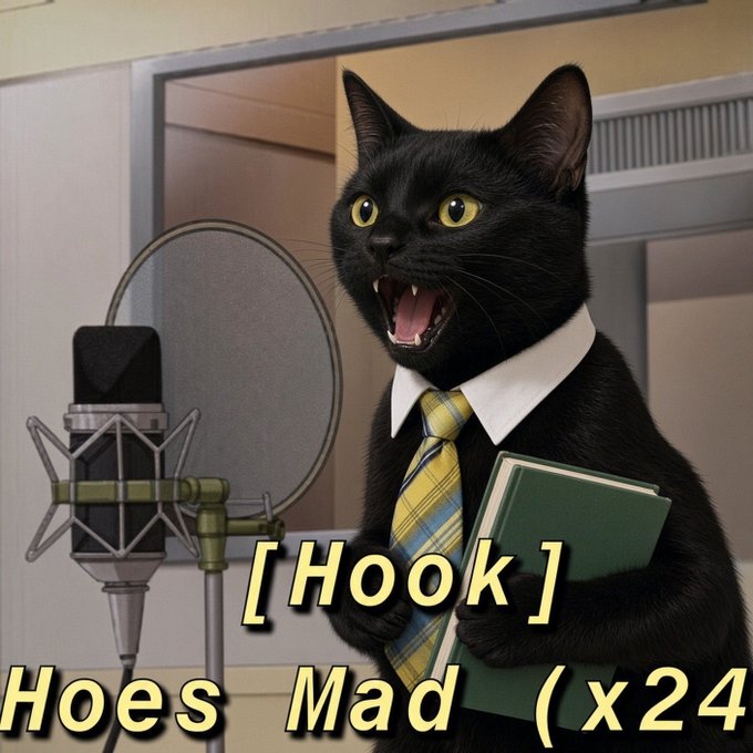 A meme featuring a black cat wearing a tie and holding a book in front of a microphone, with the caption '[Hook] Hoes Mad (x24)' (partially cut off).