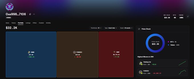 A portfolio dashboard for wallet "0xe998...7106" displays token holdings including $HMM (+$12.4K), $TENDIES (-$4.3K), and $AMC (-$3.4K), with a total value of $32.2K shown in the Pulse Check section alongside a 7-day portfolio chart.