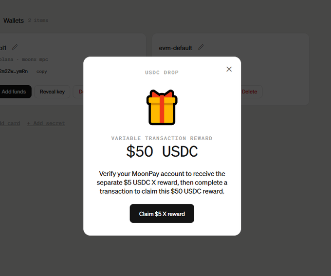 A 'USDC DROP' pop-up notification offering a '$50 USDC' variable transaction reward from MoonPay, with a 'Claim $5 x reward' button.