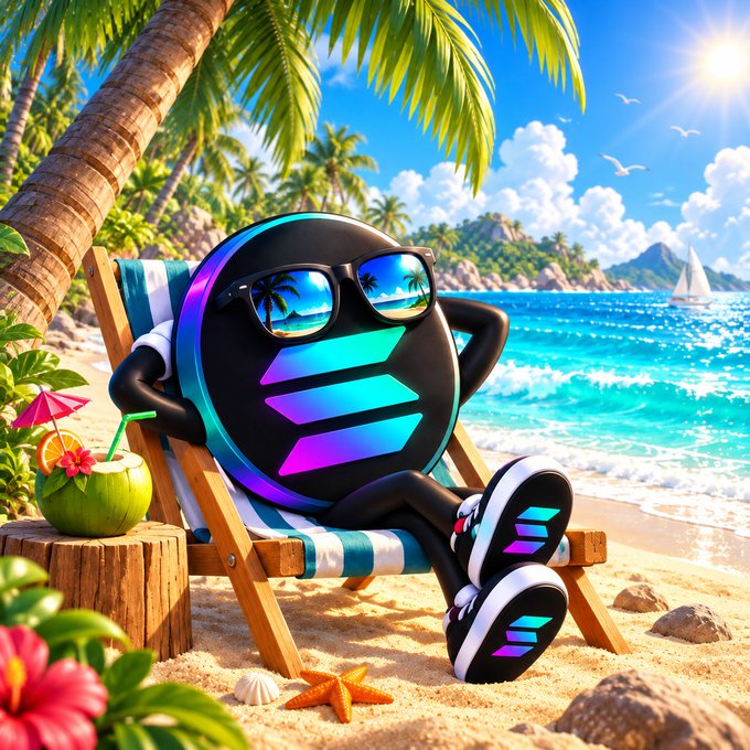 A 3D-rendered cartoon cryptocurrency coin character wearing sunglasses lounges on a beach chair on a tropical beach, with a coconut drink nearby and the Solana logo visible on its body.