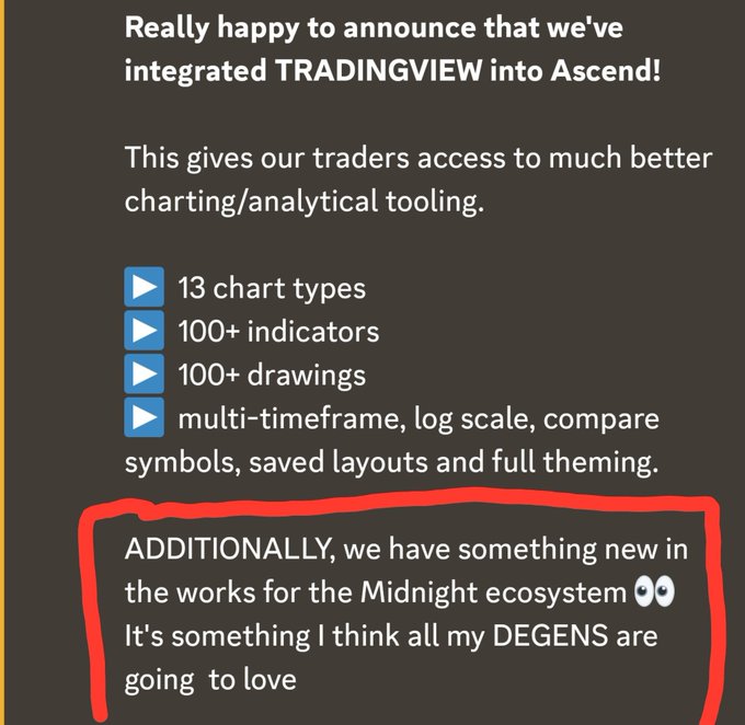 An announcement graphic stating "Really happy to announce that we've integrated TRADINGVIEW into Ascend!" listing features like 13 chart types and 100+ indicators, with a red-circled teaser reading "ADDITIONALLY, we have something new in the works for the Midnight ecosystem 👀 It's something I think all my DEGENS are going to love."