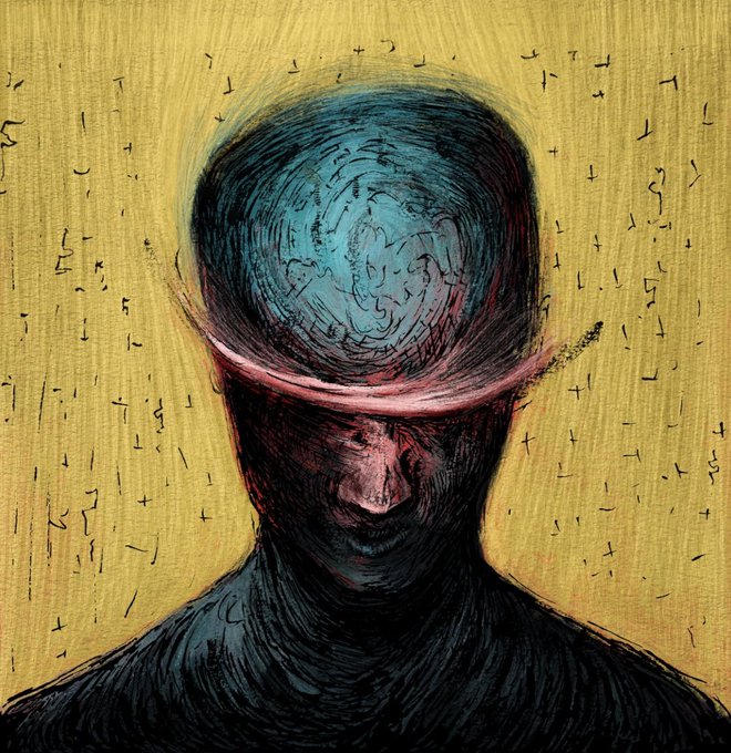 A dark, moody sketch shows a faceless figure whose head has been sliced open, revealing a swirling, brain-like turquoise void surrounded by a chaotic yellow background filled with abstract markings.