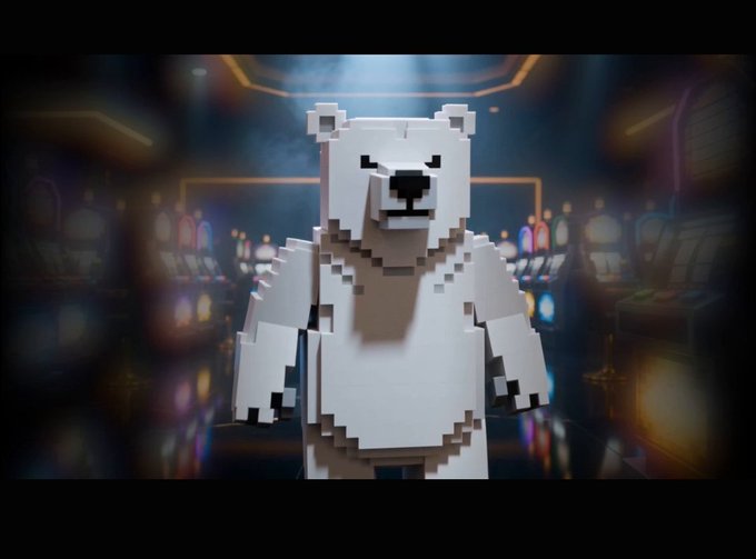 A Minecraft-style white polar bear character rendered in 3D blocky graphics, standing in a dimly lit arcade-like environment.
