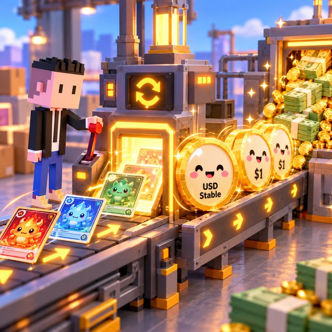 A pixel art style image showing a character at a factory processing line, with cute monster trading cards being minted into 'USD Stable' coins alongside stacks of cash.