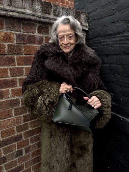 An elderly woman with silver hair wearing a brown fur coat and holding a dark green handbag stands against a brick wall.