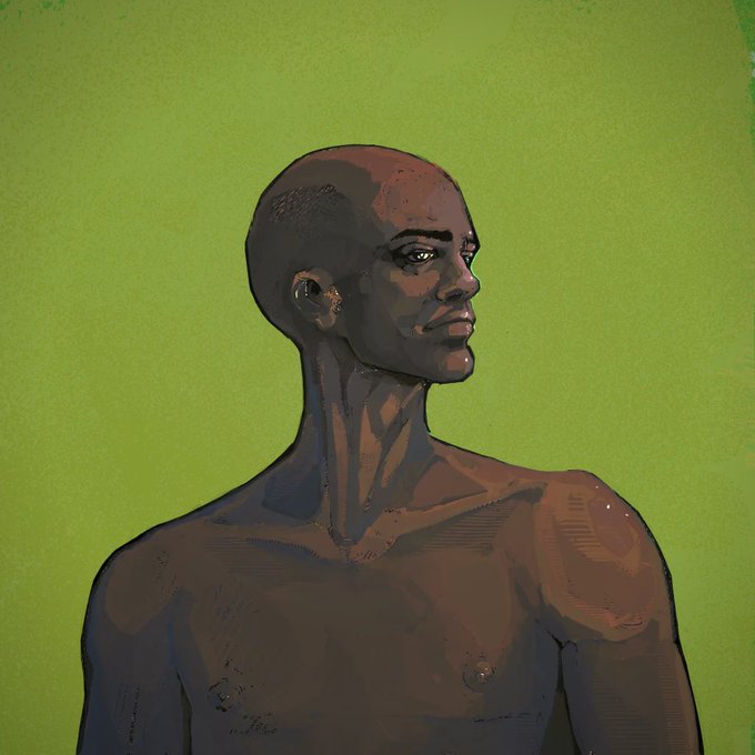A digital painting of a dark-skinned, bald man viewed from the chest up, gazing thoughtfully to the side against a textured olive-green background.