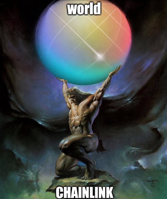 A meme featuring Frank Frazetta's classic fantasy artwork of a muscular figure holding up a large sphere, with 'world' at the top and 'CHAINLINK' at the bottom.