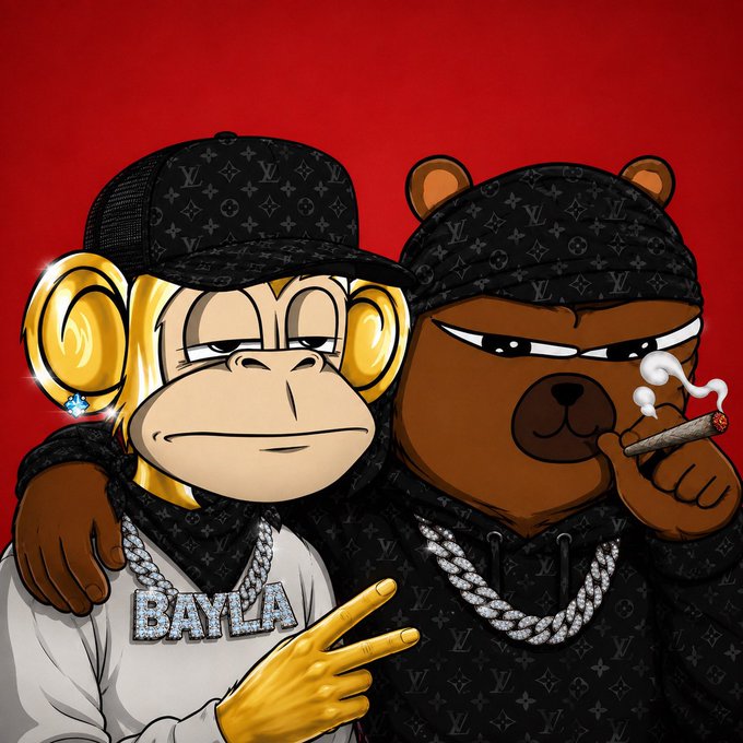 A digital illustration featuring two cartoon monkeys styled as rappers—one golden BAYC-style ape wearing an LV cap and 'BAYLA' diamond chain throwing up a peace sign, and a brown ape smoking a joint wearing LV-patterned clothing and chains.