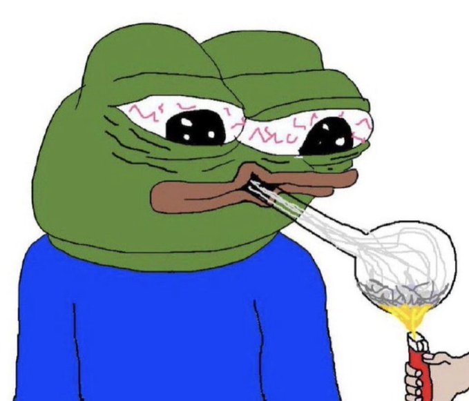 A sad Pepe the Frog meme smoking a large glass bong, depicting a melancholic character with bloodshot eyes inhaling from the device held by a hand.
