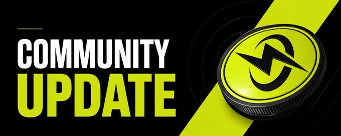 A bold graphic banner reading 'COMMUNITY UPDATE' in white and yellow text on a black background, featuring a yellow coin emblem with a checkmark/navigation arrow symbol.