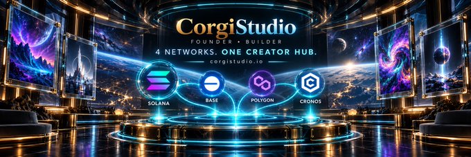 A futuristic digital banner for 'CorgiStudio' advertising '4 Networks, One Creator Hub' (corgistudio.io), featuring logos for Solana, Base, Polygon, and Cronos surrounded by cosmic and space-themed imagery.