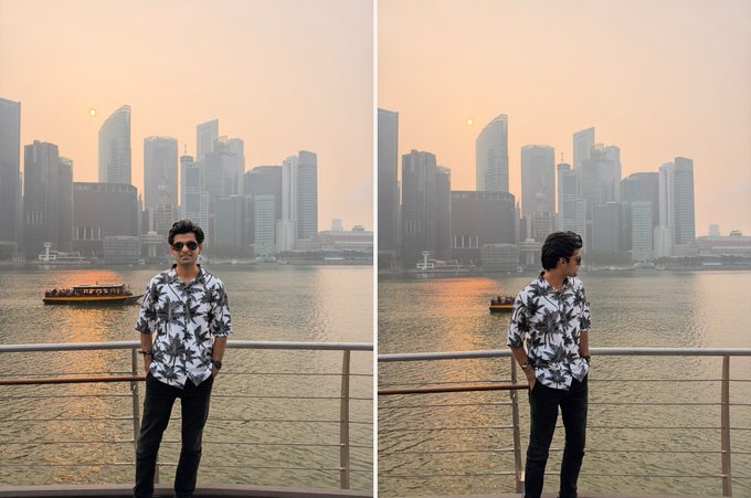 A young man in a patterned shirt stands by a waterfront railing overlooking Singapore's hazy skyline at sunset, with a small tour boat visible on the water. The image fits the post's call to attendees of the Token2049 Singapore conference, likely a participant sharing their arrival or presence at the event.