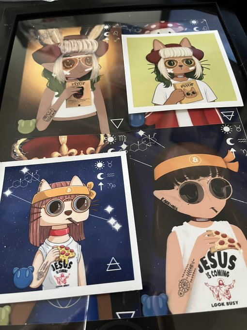 A collection of printed digital art stickers features cartoon animal and human characters wearing sunglasses, including designs labeled 'PSYOP', 'JESUS IS COMING LOOK BUSY', and 'FUCKING'.