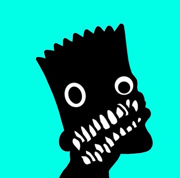A black silhouette of a Bart Simpson-style cartoon character with spiky hair, wide eyes, and a large grinning mouth showing many teeth against a teal background.