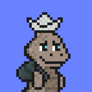 A pixelated brown character with large teal eyes, wearing what appears to be a crown or hat and a backpack, is shown against a solid blue background—likely representing one of the NFTs mentioned in the post, such as the cute ShipmunkNFT or a character from the Cr7sart collection on the Hedera blockchain.