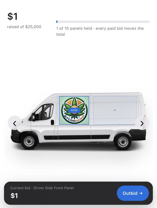 A fundraising page raising $1 of $25,000, showing 1 of 10 panels held on a delivery van with OutCome Cookies branding, displaying current bid for Driver Side Front Panel with an Outbid button.