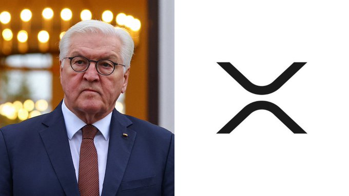 A side-by-side image showing Germany's President Frank-Walter Steinmeier in a dark suit with glasses on the left, alongside the XRP cryptocurrency logo on the right, relating to Germany's favorable 0% capital gains tax policy on XRP held over 12 months.
