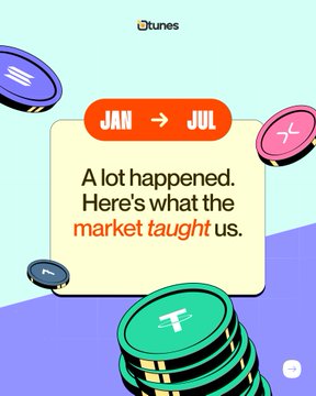 A graphic from iTunes shows colorful coin illustrations with the text 'JAN → JUL: A lot happened. Here's what the market taught us.'