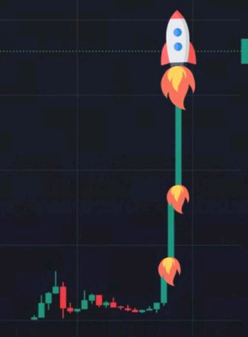 A dark trading chart showing green and red candlesticks, with a cartoon rocket ship blasting off upward along a rising teal price line.