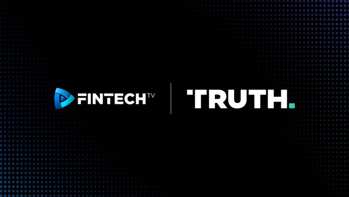 A black graphic displaying the logos 'FINTECH TV' and 'TRUTH.' side by side with a dotted blue background.