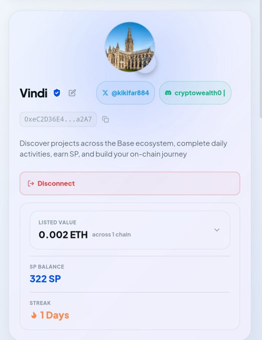 A user profile card for "Vindi" (@kikifar884, cryptowealth9) shows 322 SP balance and a 1-day streak, illustrating the Sky Points reward system described in the post for early adopters farming SP on OceanSky's Base platform.
