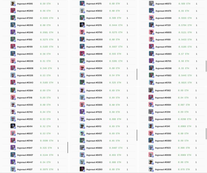 A spreadsheet-like list of 'Argonaut' NFT listings with prices ranging from approximately 0.51 to 0.69 ETH, each showing a quantity of 1.
