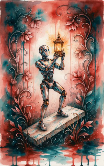 A metallic robot stands on a marble pedestal holding a glowing lantern, surrounded by swirling red and teal vines in a watercolor-style illustration. The image symbolizes perseverance and seeking guidance through challenges, reflecting the author's hope for better luck in the Nansen AI giveaway despite feeling "cursed."