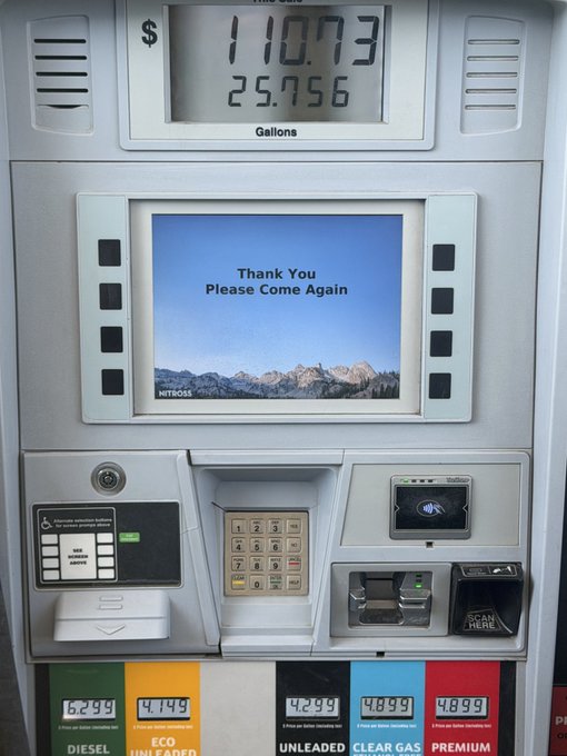 A gas pump display shows $110.73 for 25.756 gallons, with a "Thank You Please Come Again" message and fuel prices of $4.299 (Unleaded), $4.899 (Clear Gas), and $4.899 (Premium) visible below. The high fuel cost relates to the "Happy Golden Age" sentiment by highlighting how everyday expenses like gas have become notably expensive in today's economy.