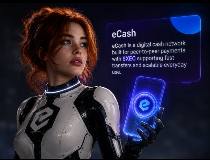 A sci-fi promotional graphic for 'eCash' showing a red-haired woman in futuristic white armor holding a glowing blue holographic device with the 'e' logo, alongside text describing it as 'a digital cash network built for peer-to-peer payments with $XEC supporting fast transfers and scalable everyday use.'