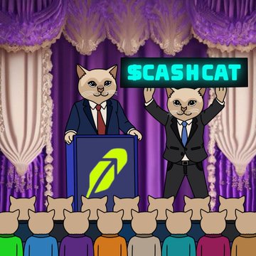 An illustrated political-style rally scene features two cats in suits standing behind a podium on a stage with purple curtains, where one cat holds up a glowing "SCASHCAT" sign while an audience of colorful cats cheers below, capturing the meme contest's enthusiastic promotion of the $CASHCAT token.