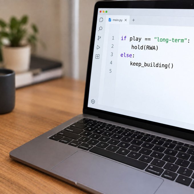 A laptop displays Python code: 'if play == "long-term": hold(RWA) else: keep_building()' on a wooden desk beside a plant.