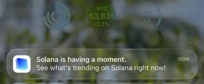 A mobile app screenshot displaying crypto market stats including "BTC 63,835 -2.2%", overlaid with a notification saying "Solana is having a moment. See what's trending on Solana right now!"